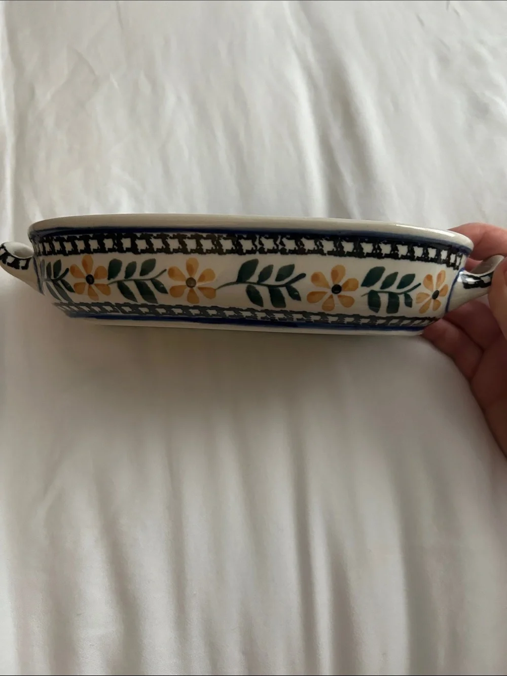 Polish Pottery Hand-Painted Oval Serving Dish in Blue and Yellow